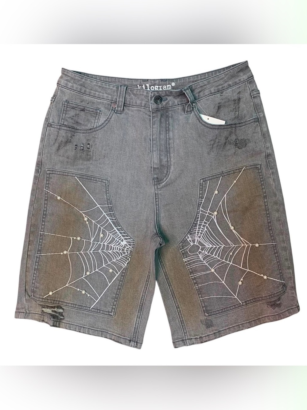 Sz 32 kilogram Spiderweb Graphic Gray Men's Denim Shorts